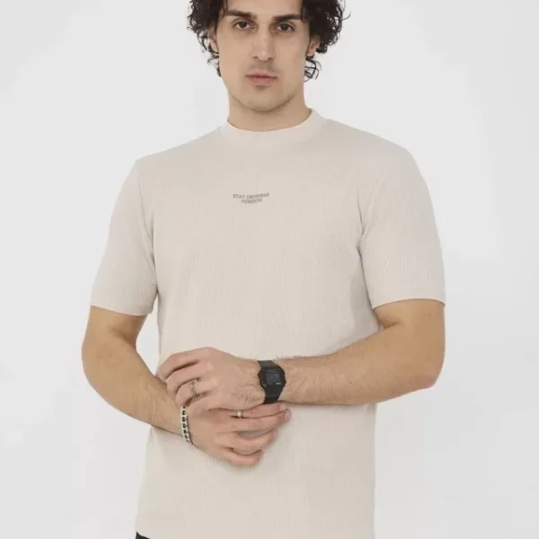 Unisex Bisiklet Yaka Slim Fit T-Shirt- Bej