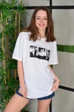 Unisex Bisiklet Yaka Baskılı Oversize T-Shirt