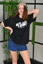 Unisex Bisiklet Yaka Baskılı Oversize T-Shirt