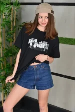 Unisex Bisiklet Yaka Baskılı Oversize T-Shirt - Görsel 3