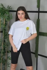 Unisex Bisiklet Yaka Baskılı Oversize T-Shirt