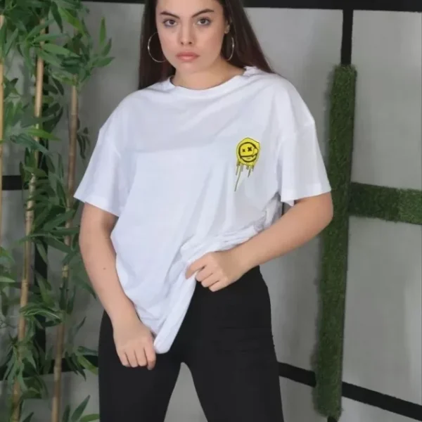 Unisex Bisiklet Yaka Baskılı Oversize T-Shirt