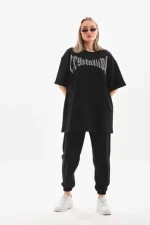 Unisex Taş Desenli Oversize T-Shirt - Beyaz - Görsel 3