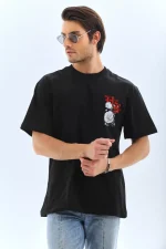 Unisex Oversize Baskılı Bisiklet Yaka T-Shirt