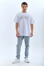 Unisex Oversize Taşlı Bisiklet Yaka T-Shirt