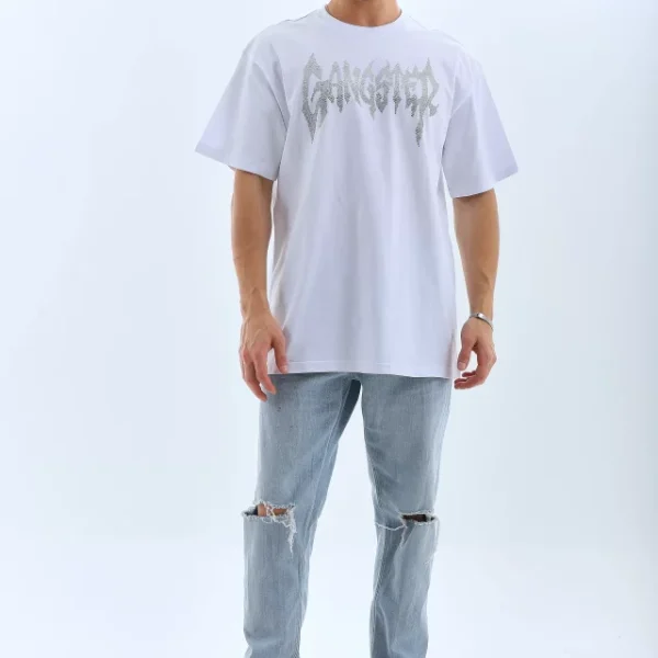 Unisex Oversize Taşlı Bisiklet Yaka T-Shirt