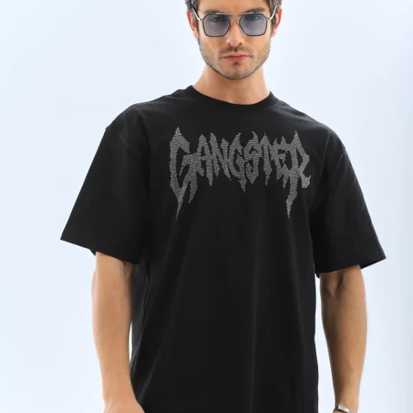 Unisex Oversize Taşlı Bisiklet Yaka T-Shirt