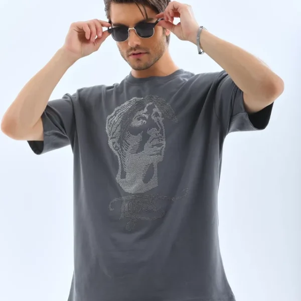 Unisex Oversize Taşlı Bisiklet Yaka T-Shirt