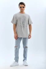Unisex Oversize Taşlı Bisiklet Yaka T-Shirt