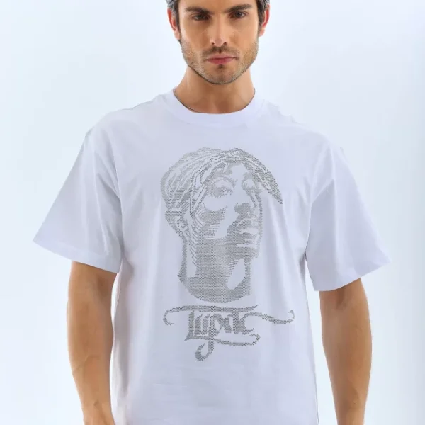Unisex Oversize Taşlı Bisiklet Yaka T-Shirt