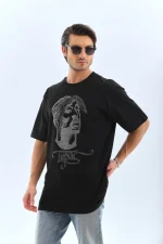 Unisex Oversize Taşlı Bisiklet Yaka T-Shirt