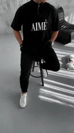 Unisex Yarım Fermuarlı Baskılı T-Shirt - Görsel 3