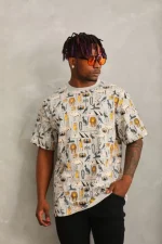 Unisex Oversize Baskılı Bisiklet Yaka T-Shirt