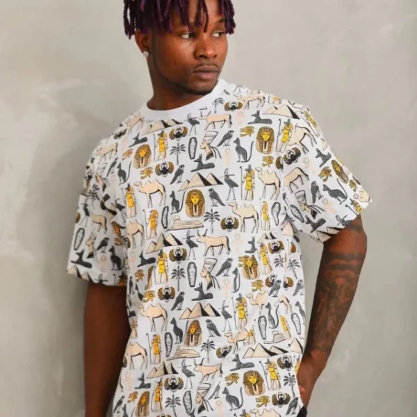 Unisex Oversize Baskılı Bisiklet Yaka T-Shirt