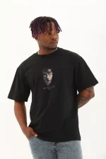 Unisex Oversize Baskılı Bisiklet Yaka T-Shirt