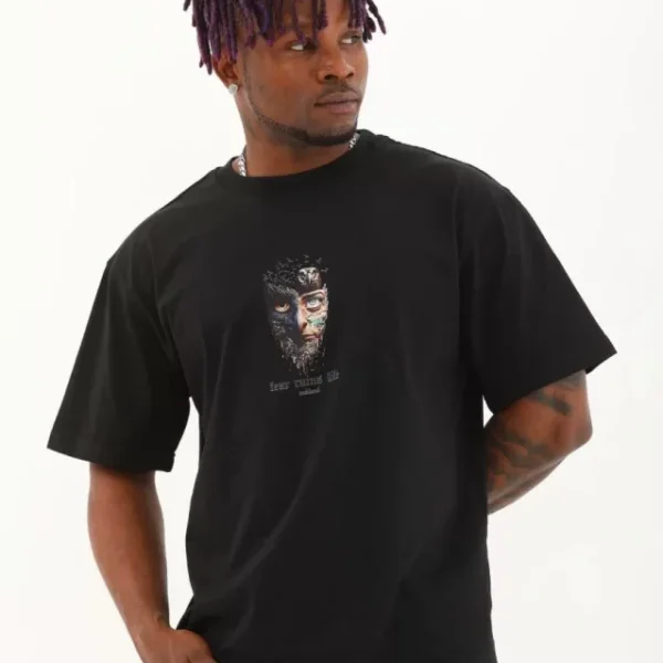 Unisex Oversize Baskılı Bisiklet Yaka T-Shirt
