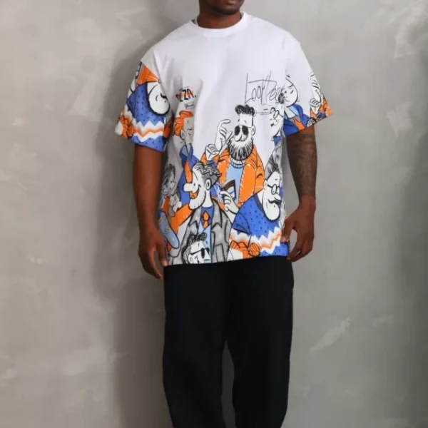 Unisex Oversize Baskılı Bisiklet Yaka T-Shirt