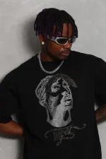 Unisex Oversize Taşlı Bisiklet Yaka T-Shirt