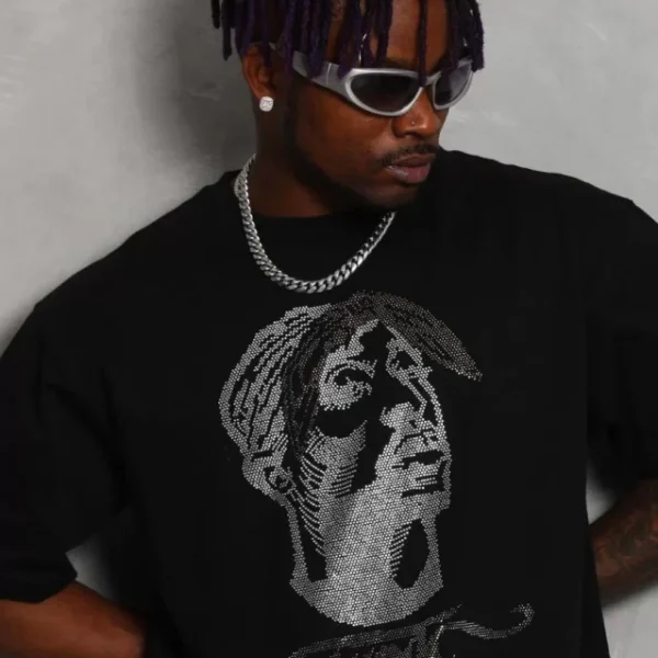 Unisex Oversize Taşlı Bisiklet Yaka T-Shirt
