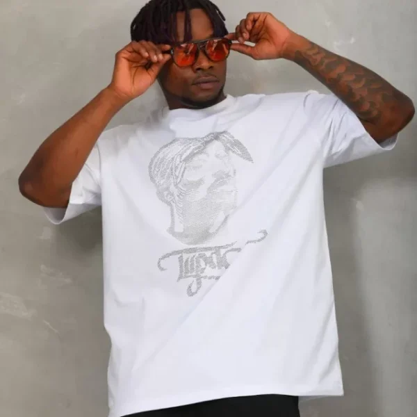 Unisex Oversize Taşlı Bisiklet Yaka T-Shirt