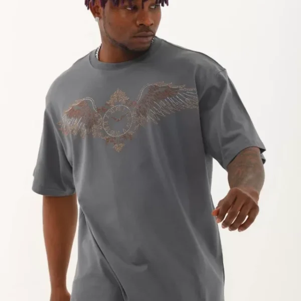 Unisex Oversize Taşlı Bisiklet Yaka T-Shirt
