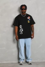 Unisex Oversize Baskılı Bisiklet Yaka T-Shirt