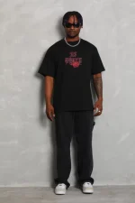 Unisex Oversize Baskılı Bisiklet Yaka T-Shirt