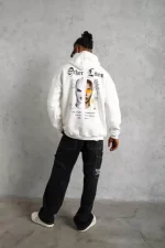 Erkek Sırt Baskılı Oversize Üç İplik Kapüşonlu Sweatshirt - Görsel 4