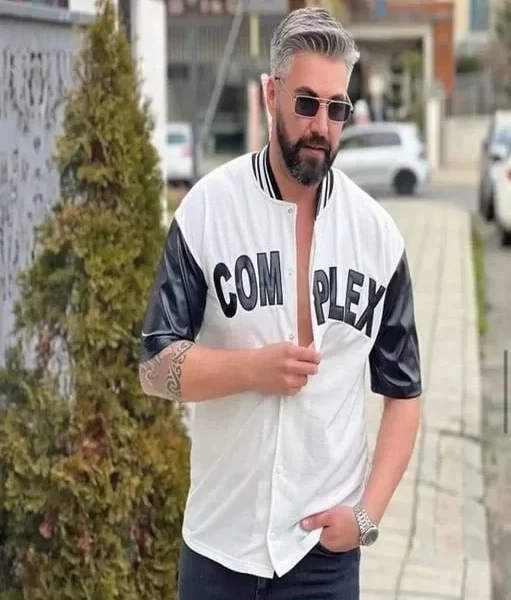 Erkek Complex Kolları Deri Kolej Oversize T-Shirt