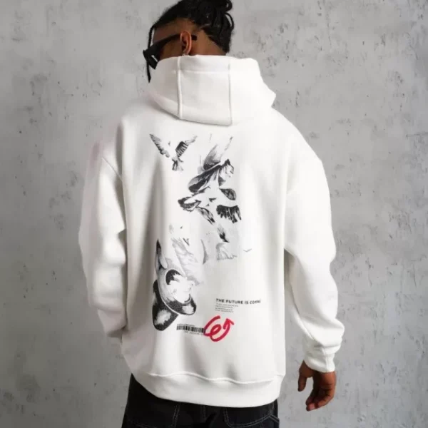 Erkek Şapkalı Güvercin Baskılı Kapşonlu Sweat