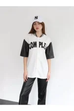 Complex Kolları Deri Kolej Oversize T-shirt - Görsel 3