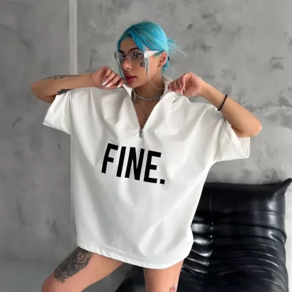 Unisex Baskılı Yarım Fermuarlı T-Shirt