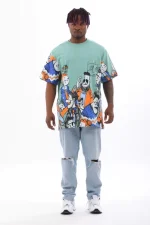 Unisex Oversize Baskılı Bisiklet Yaka T-Shirt
