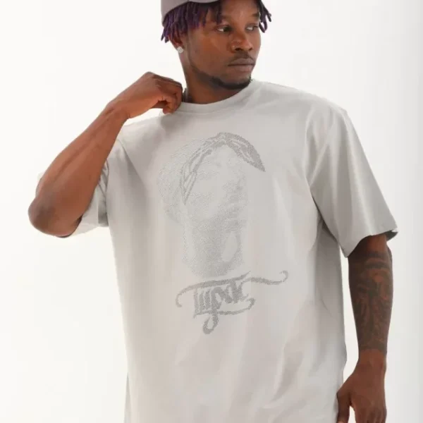 Unisex Oversize Taşlı Bisiklet Yaka T-Shirt