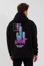 Erkek Baskılı Üç İplik Kapüşonlu Oversize Sweatshirt