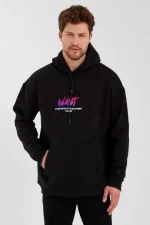 Erkek Baskılı Üç İplik Kapüşonlu Oversize Sweatshirt - Görsel 2