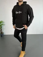 Erkek Sırt Baskılı Oversize Üç İplik Kapüşonlu Sweatshirt - Görsel 2