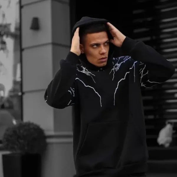 Erkek Yıldırım Baskılı Sweat Kapşonlu
