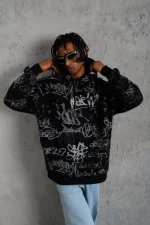 Erkek Baskılı Kapüşonlu Ribanalı Sweat - Görsel 3