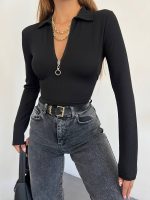 Kadın Polo Yaka Yakası Fermuarlı Burgu Kumaş Bluz - Görsel 2