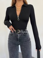 Kadın Polo Yaka Yakası Fermuarlı Burgu Kumaş Bluz - Görsel 4